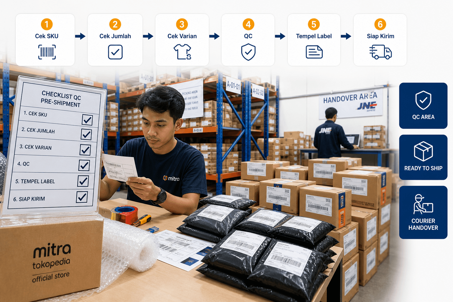 Infografis checklist sebelum paket dikirim — cek SKU, jumlah, varian, QC, label, siap kirim