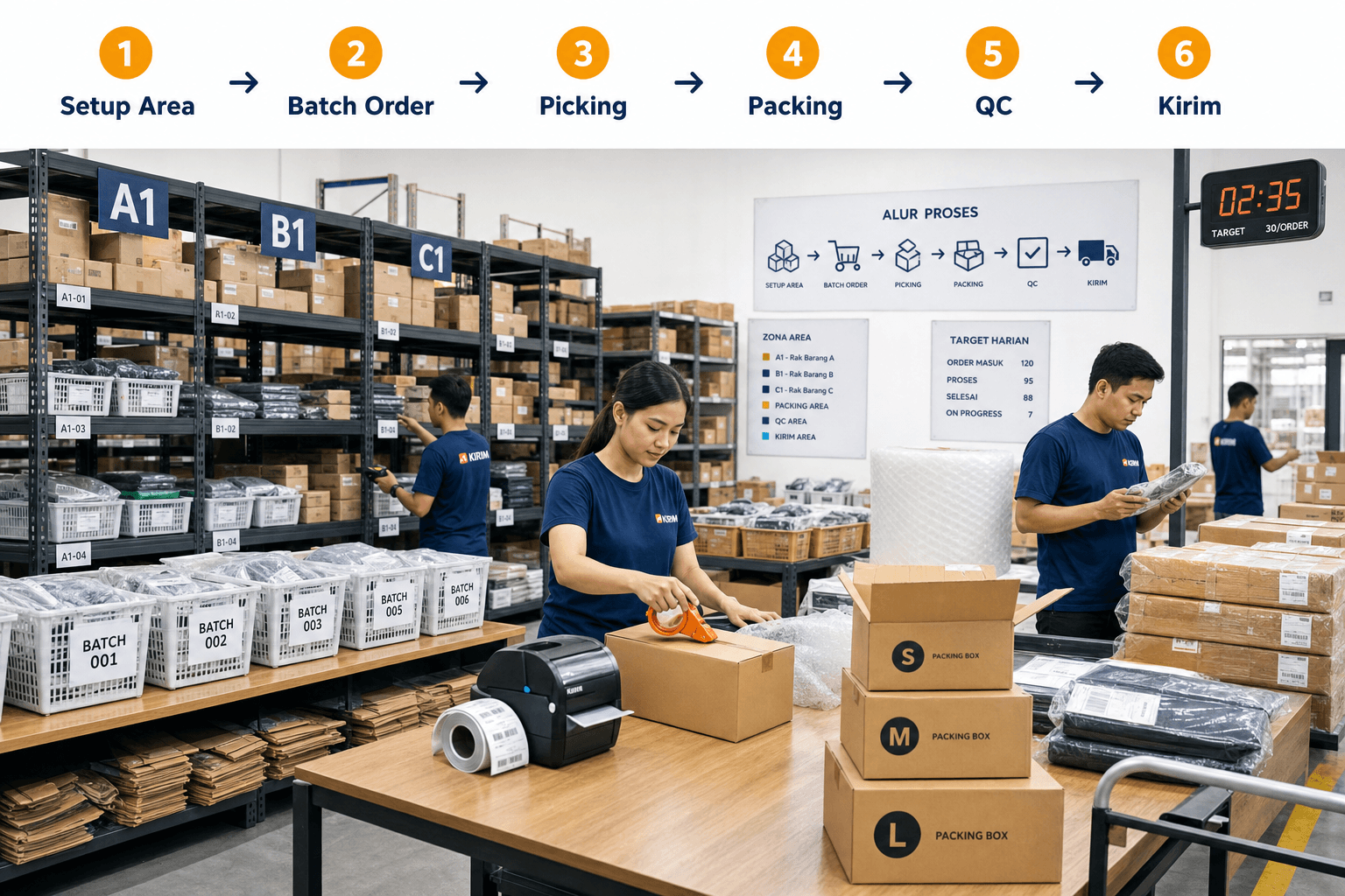 Infografis cara meningkatkan kecepatan packing UMKM — setup area, batch order, picking, packing, QC, kirim
