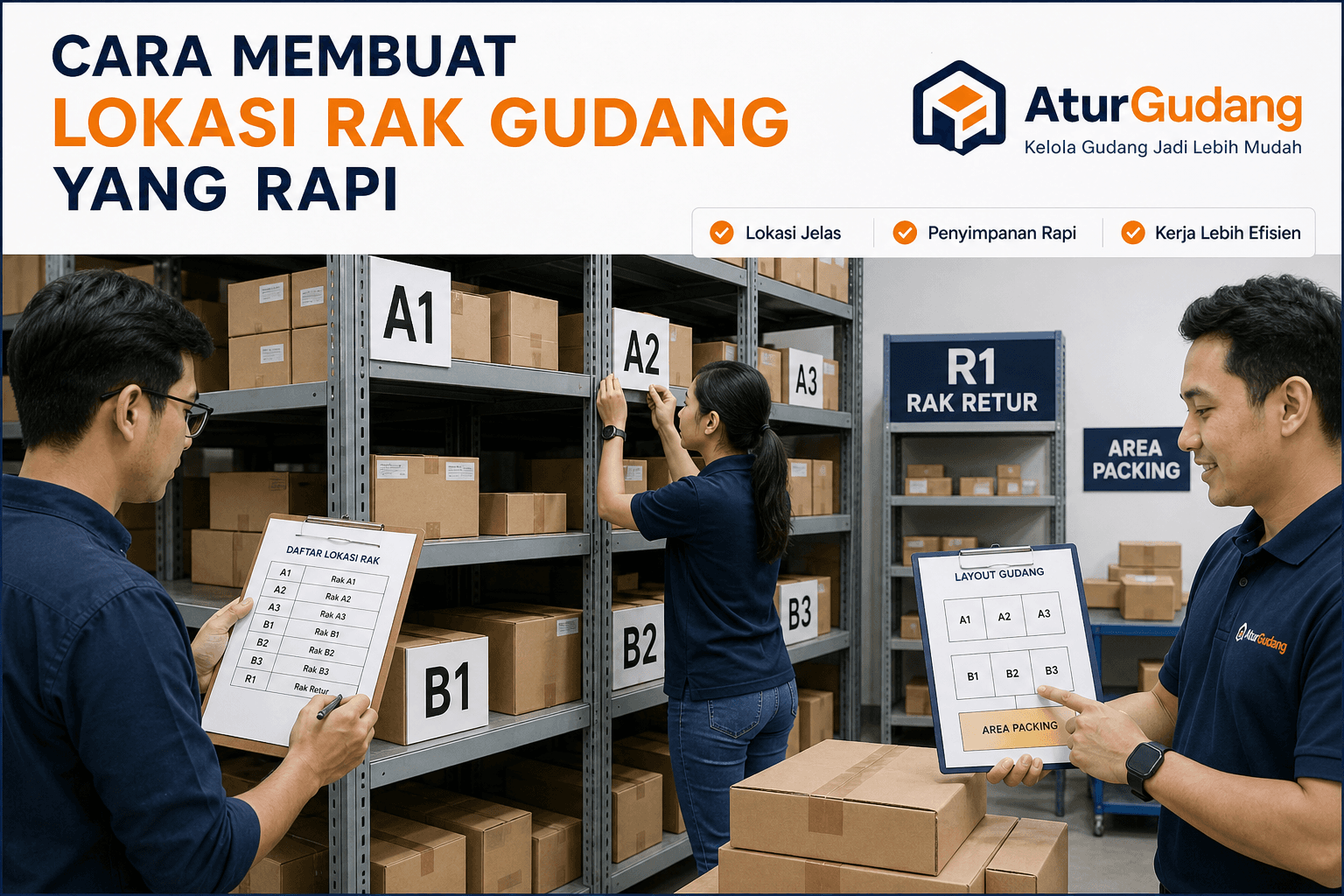 Infografis staff UMKM menempel label lokasi rak A1 B2 dan mapping penataan rak gudang