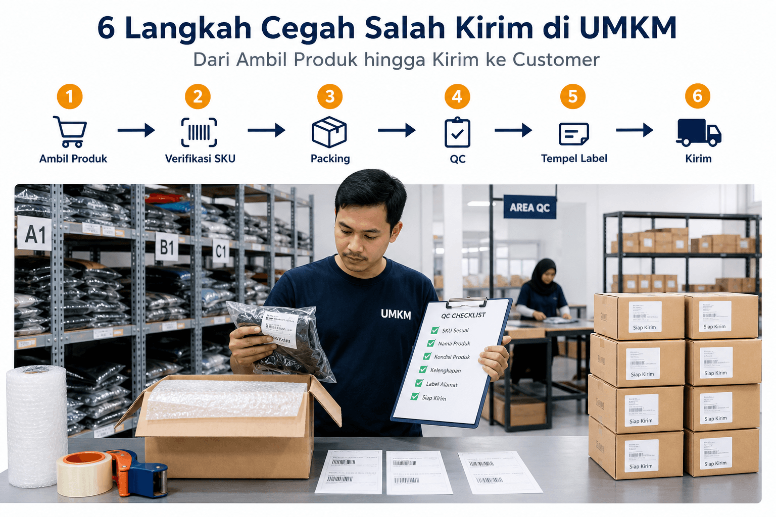 Infografis cara mengurangi salah kirim pesanan — verifikasi SKU, QC packing, tempel label, kirim