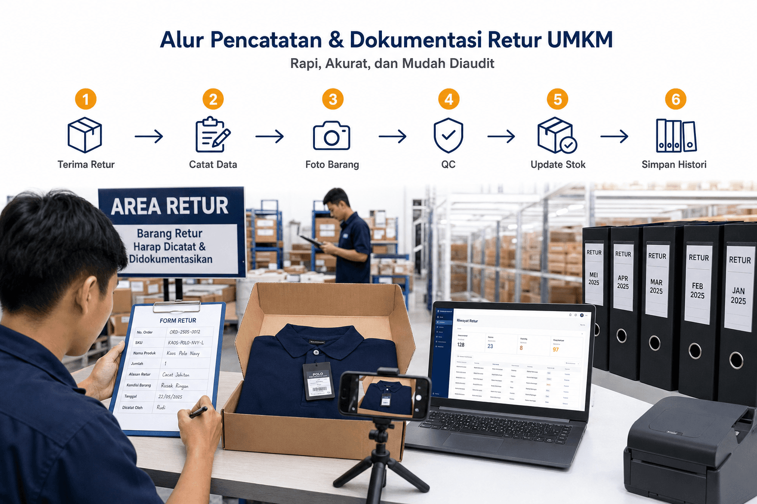 Infografis cara mencatat barang retur — terima retur, catat data, foto barang, QC, update stok, simpan histori