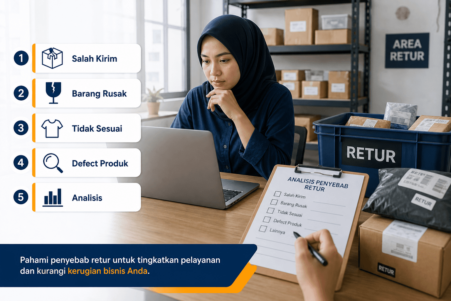 Infografis penyebab retur tinggi seller online — salah kirim, barang rusak, tidak sesuai, defect produk