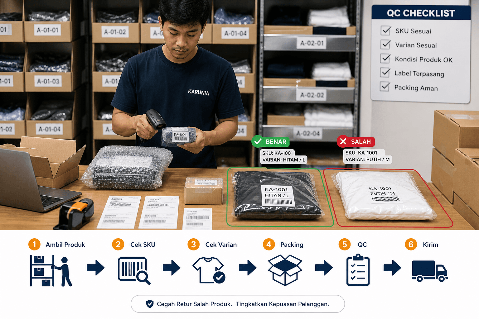 Infografis cara mengurangi retur karena salah barang — cek SKU, varian, QC packing, kirim