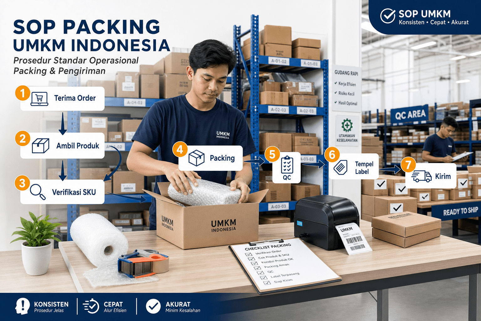 Infografis SOP packing UMKM — terima order, ambil produk, verifikasi SKU, packing, QC, tempel label, kirim
