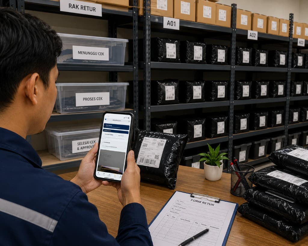 Staff gudang melakukan scan barcode paket marketplace menggunakan aplikasi gudang mobile